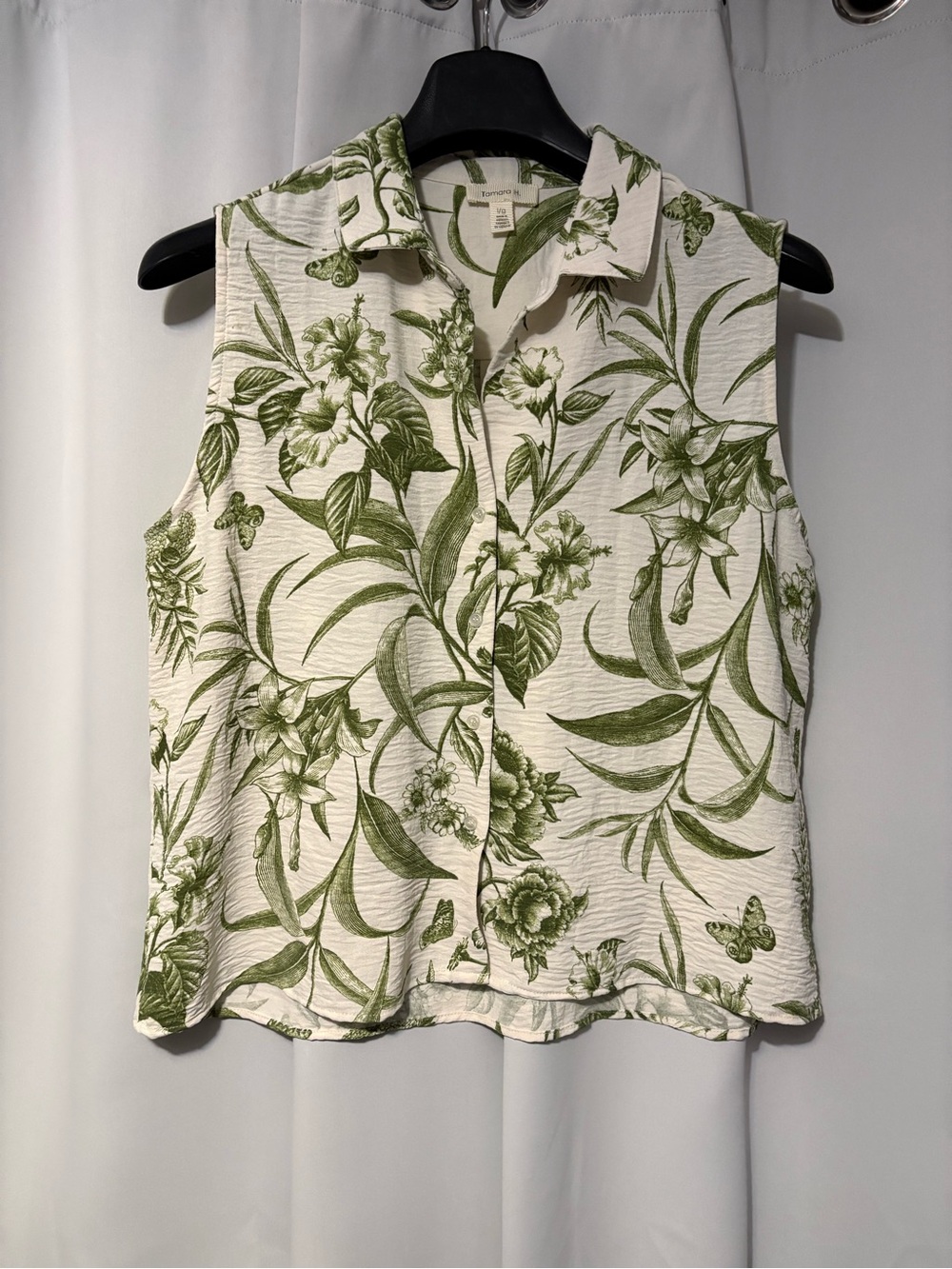 Sleeveless Cream Blouse with Green Floral Print - Effervescent Casual Top